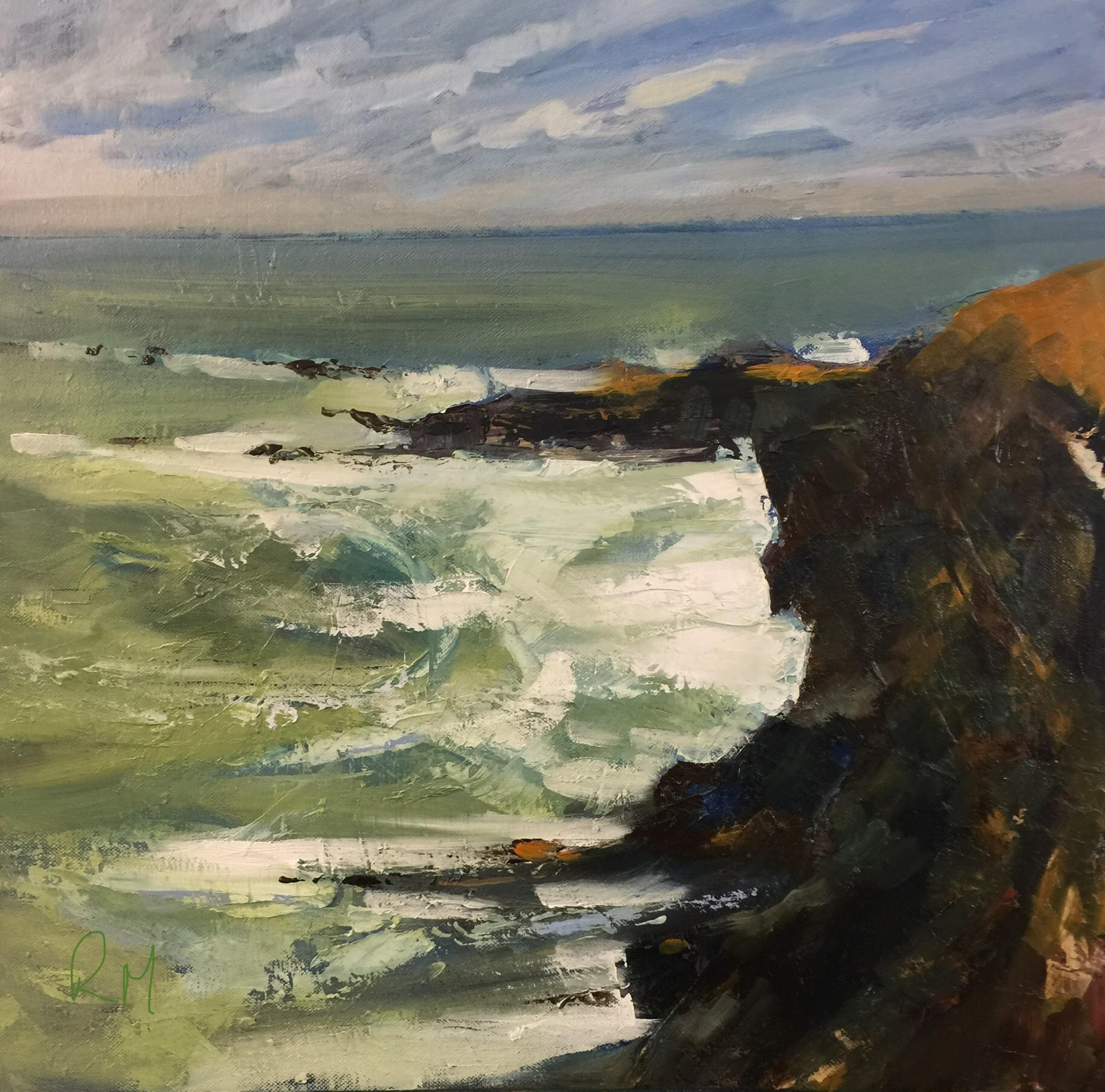 A painting of a cliff overlooking the ocean