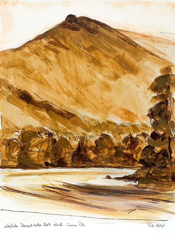 A painting of a mountain with trees and a river in the foreground.
