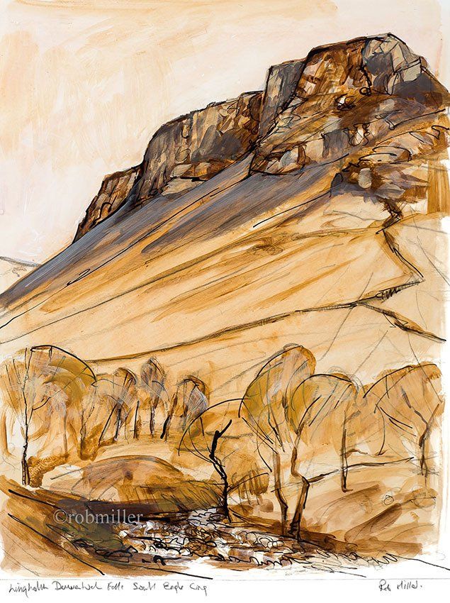 A painting of a mountain with trees in the foreground