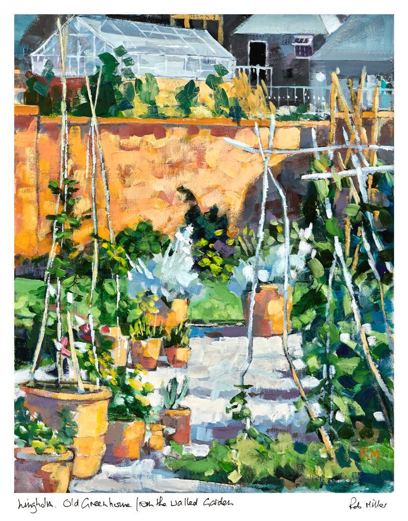 A painting of a garden with potted plants and a greenhouse