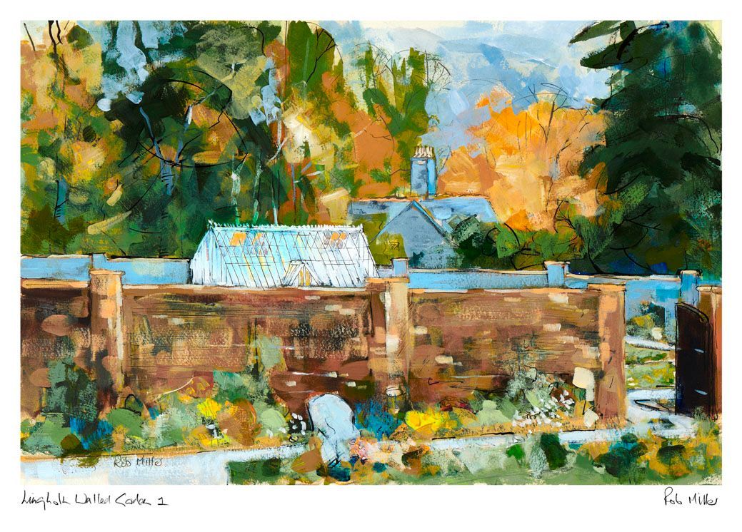A painting of a fence with a house in the background