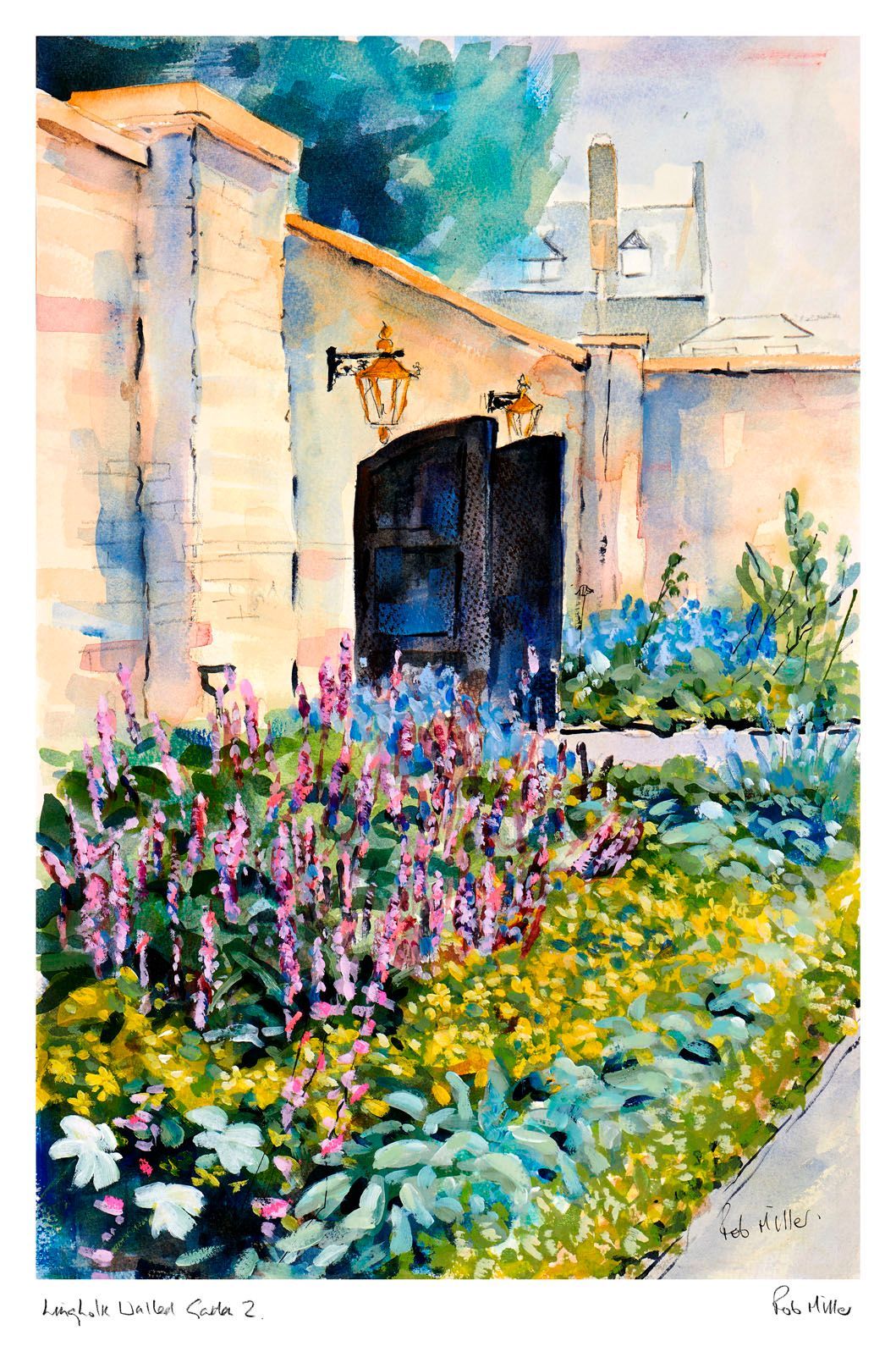 A painting of a house with flowers in front of it
