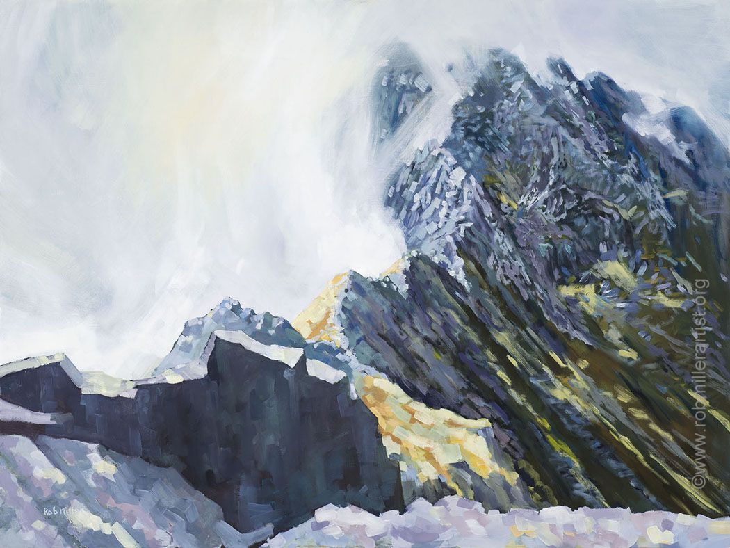 A watercolor painting of a mountain covered in snow.