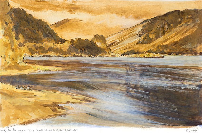 A painting of a lake with mountains in the background