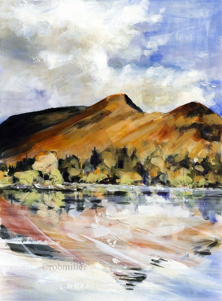 It is a painting of a lake with a mountain in the background.