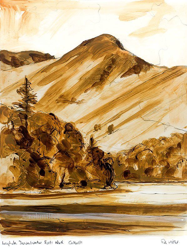 A painting of a mountain with trees and a river in the foreground.