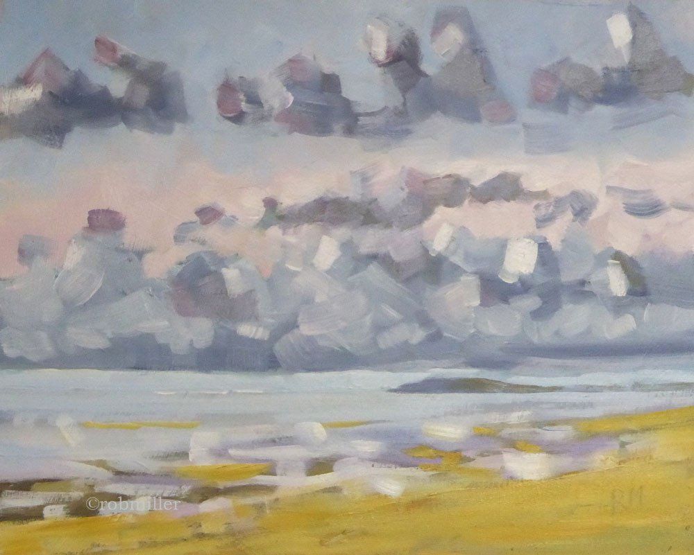 A painting of a beach with clouds in the sky