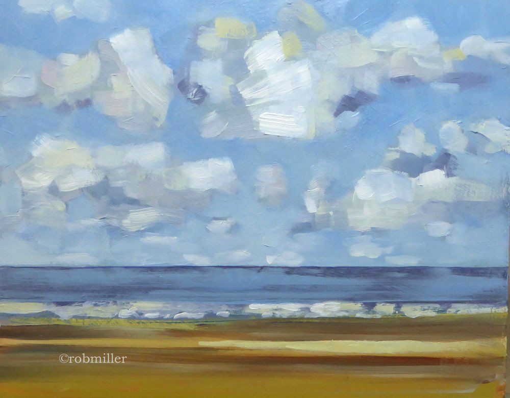 A painting of a cloudy sky over a body of water.