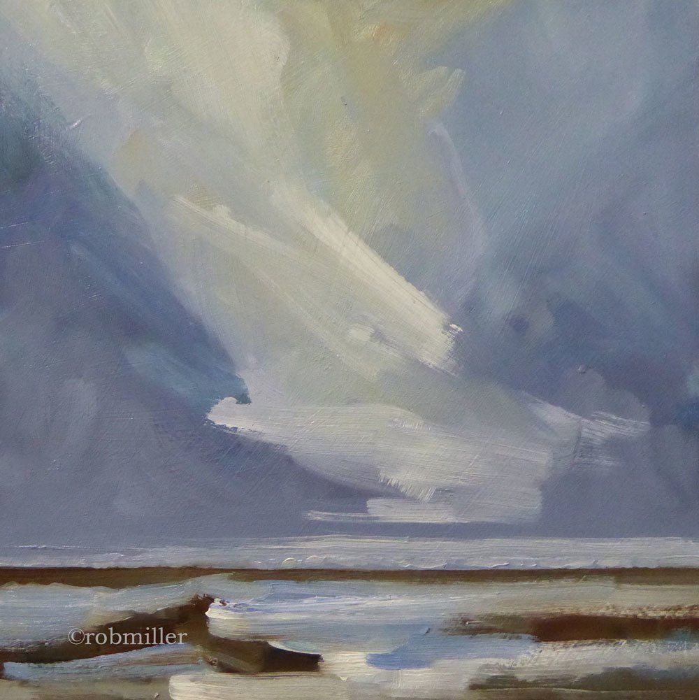 A painting of the sun shining through the clouds over a body of water.