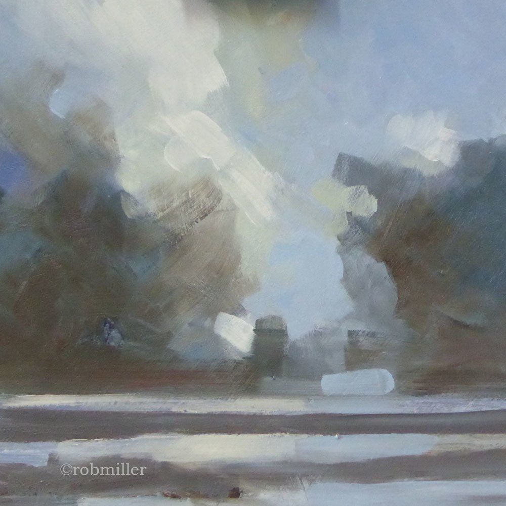 It is a painting of a cloudy sky with trees in the background.