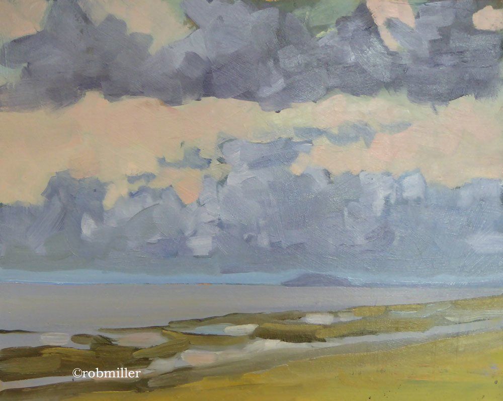 A painting of a beach with clouds in the sky