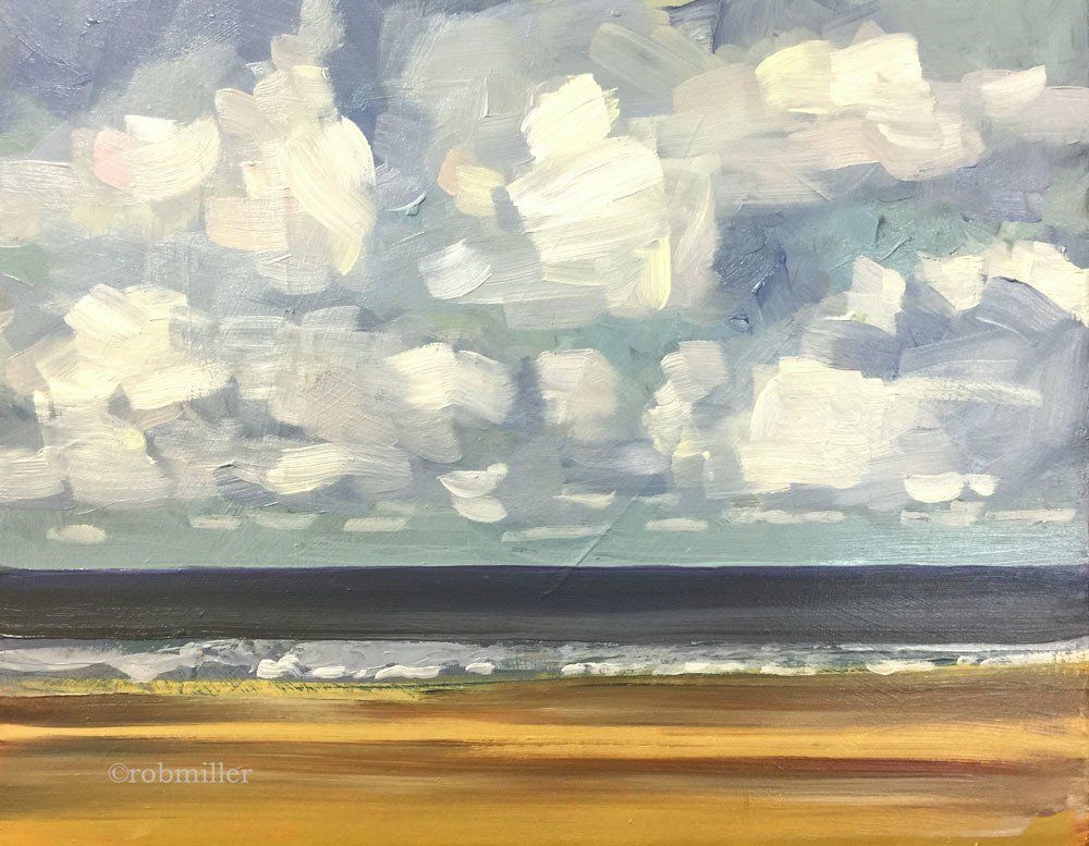 A painting of a cloudy sky over a body of water.