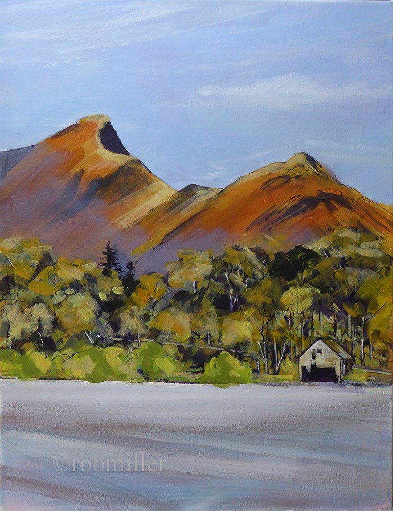 A painting of a lake with mountains in the background