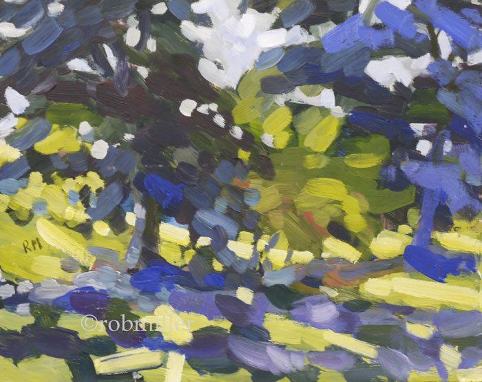 A painting of blue and yellow flowers by robin
