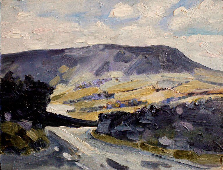A painting of a road going through a valley with a mountain in the background.