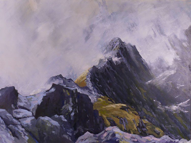 A painting of a mountain range with a cloudy sky in the background.