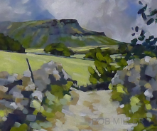 A painting of a landscape with a mountain in the background