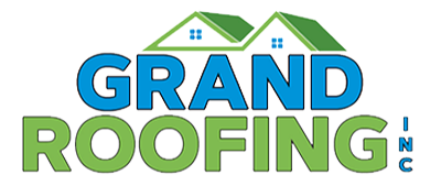 A blue and green logo for grand roofing inc.