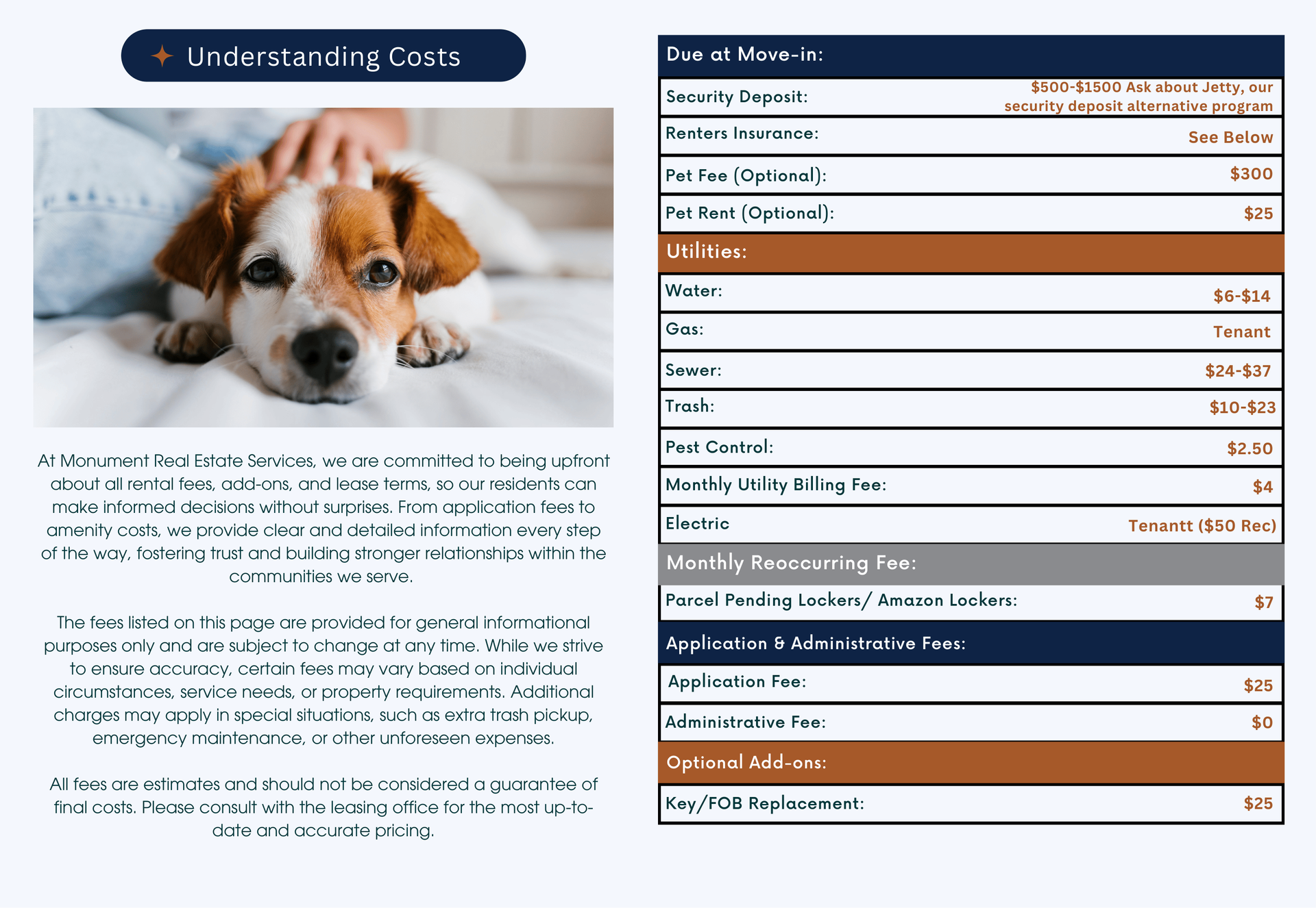 Dog being petted, with a table listing pet expenses, and a headline reading “Understanding Costs.”