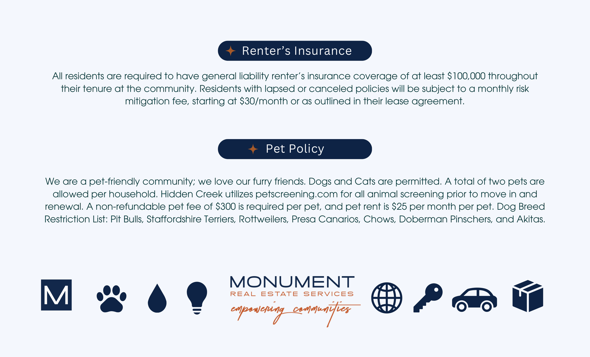 Text explaining renters insurance and pet policy from Monument, with accompanying icons.
