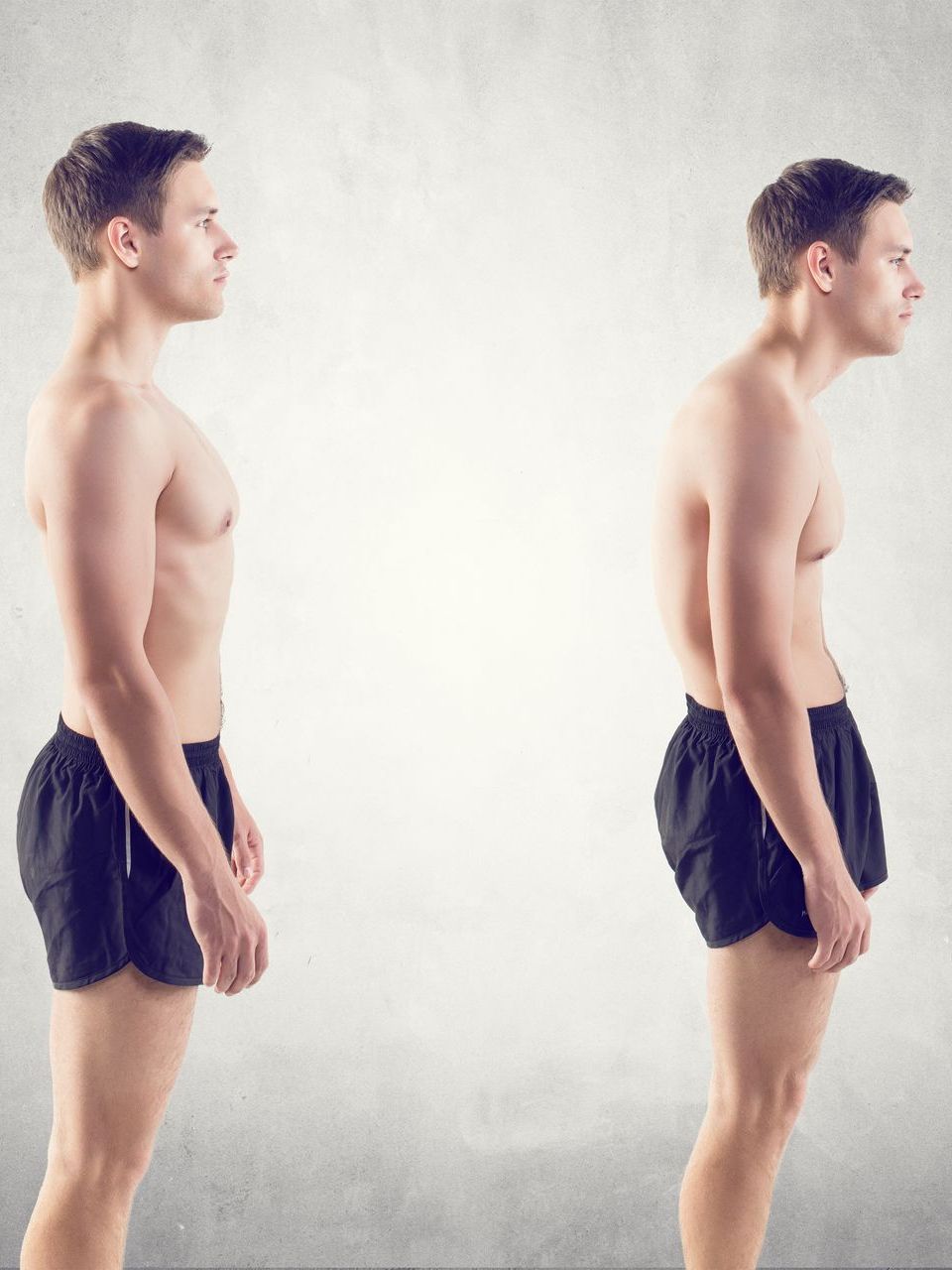 a shirtless man is standing next to a shirtless man with a bad posture .