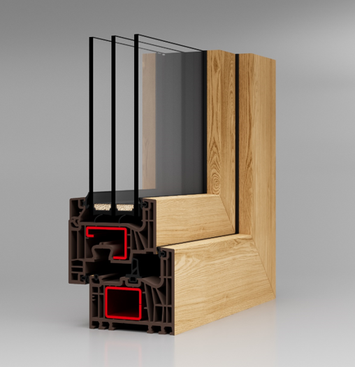 Sezione trasversale di un telaio di finestra in legno con triplo vetro, che evidenzia l'isolamento.