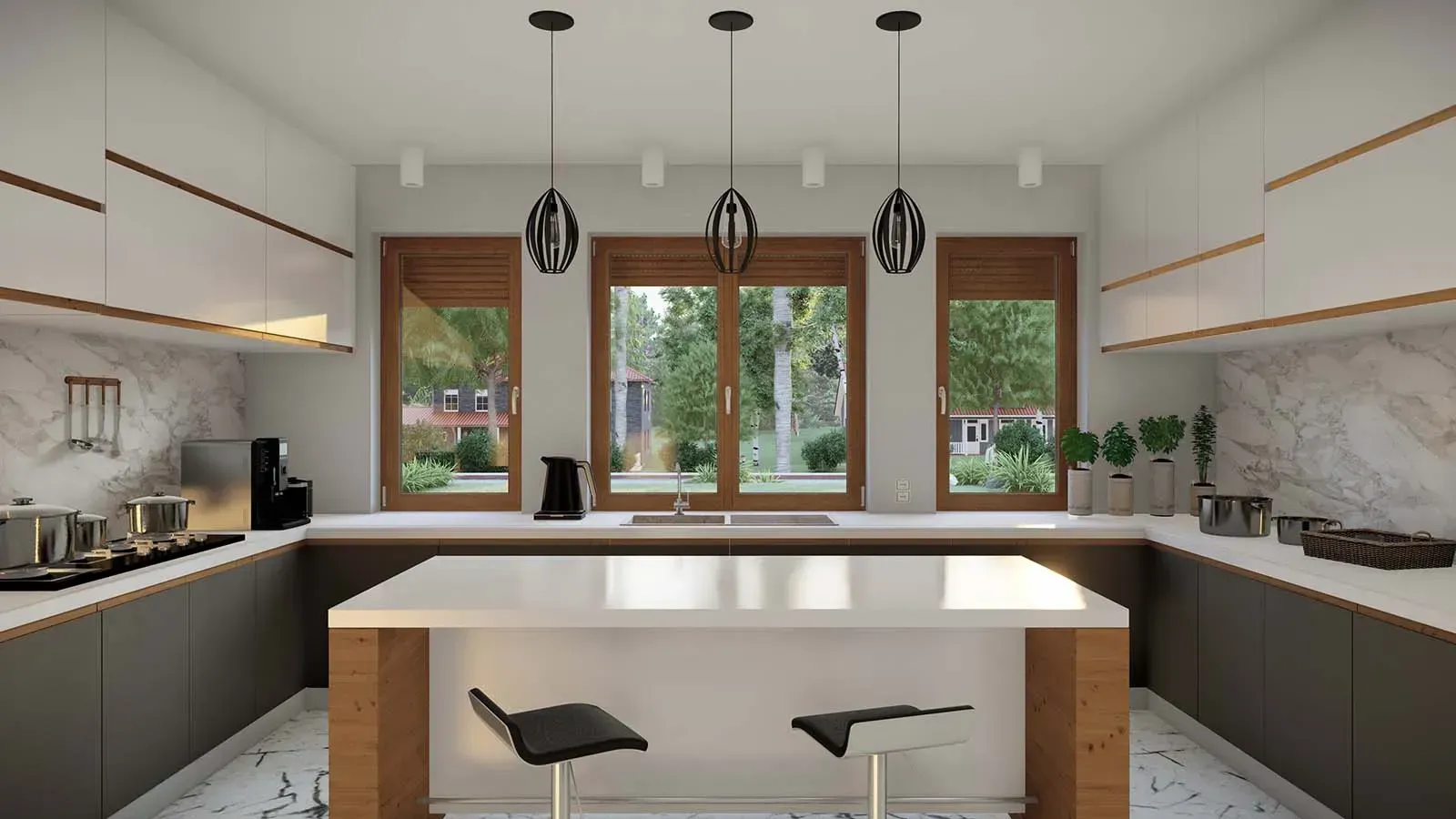 Cucina moderna con disposizione a U, isola e tre lampade a sospensione sopra la finestra.