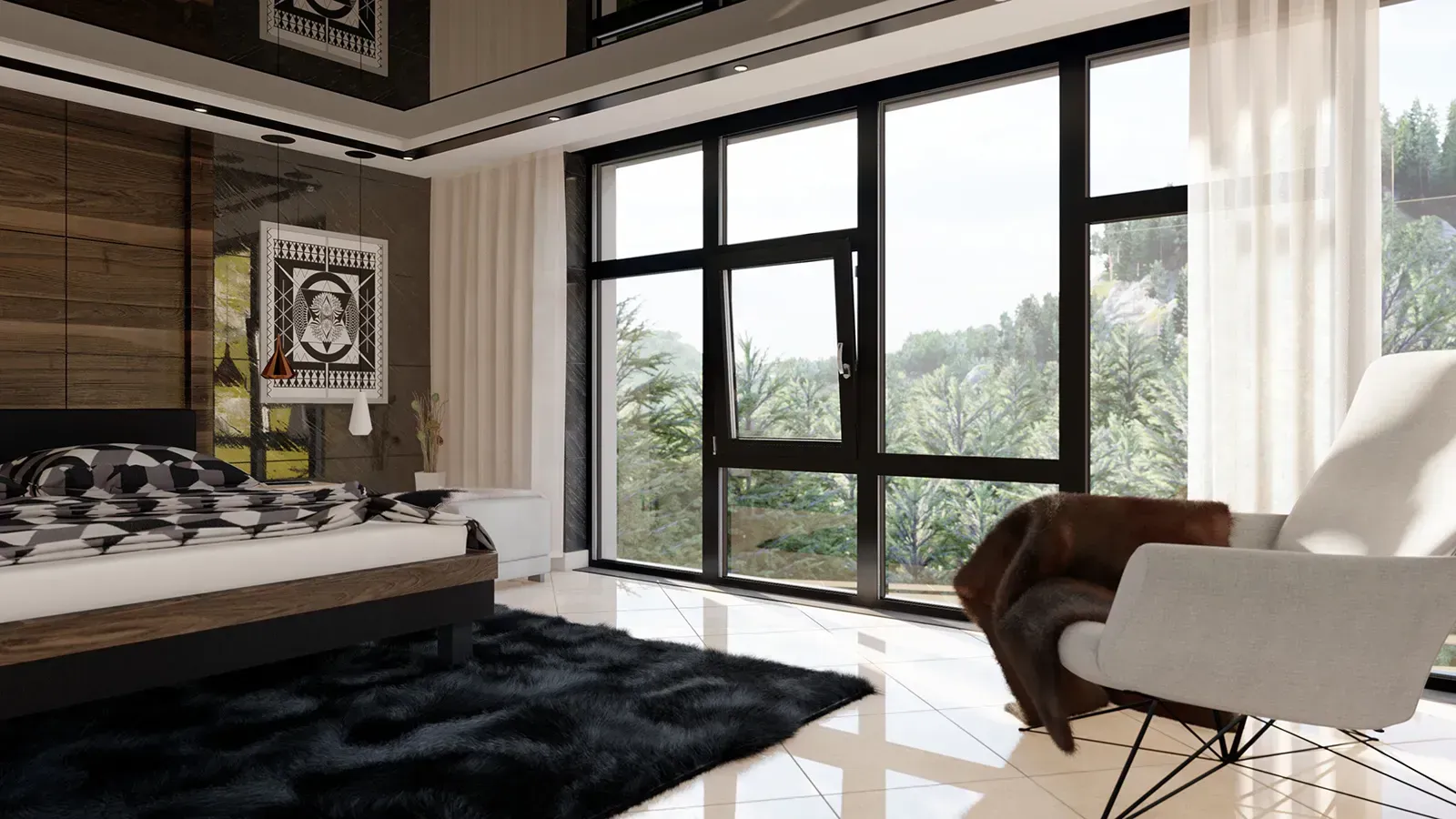 Camera da letto con ampie finestre, letto moderno, tappeto nero e sedia a dondolo con vista sul paesaggio verde.