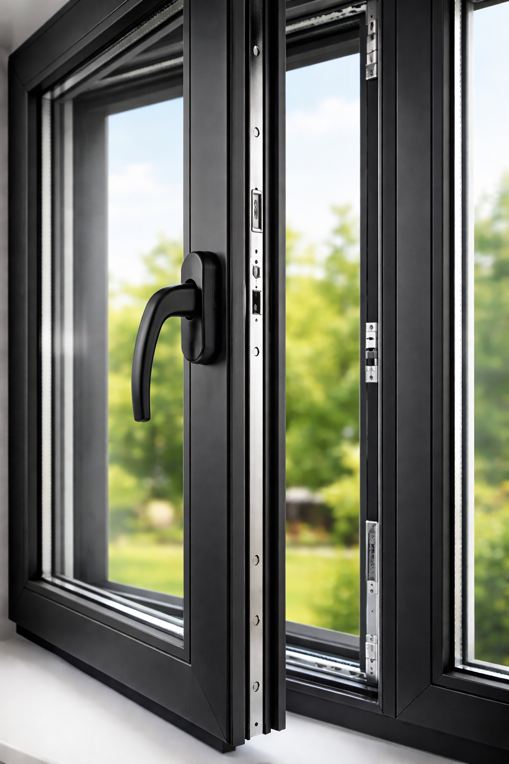 Finestra a battente nera parzialmente aperta, che mostra la ferramenta e una vista esterna verde e sfocata.