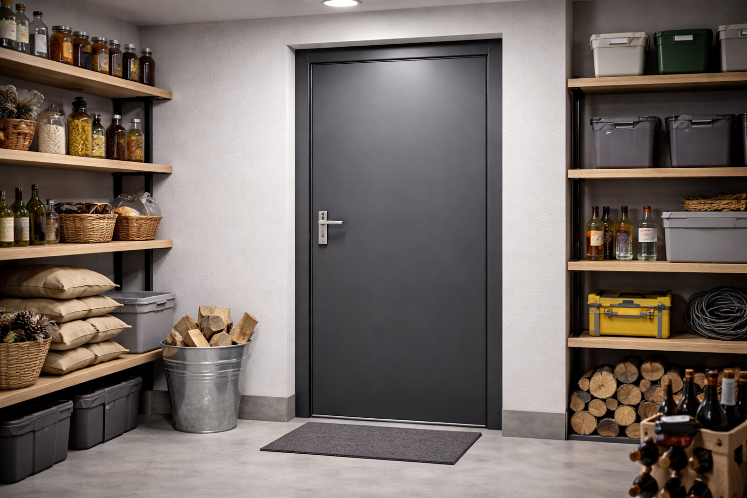 Ripostiglio nel seminterrato con scaffali pieni di cibo e provviste, una porta grigia chiusa e un secchio di metallo pieno di legna da ardere.