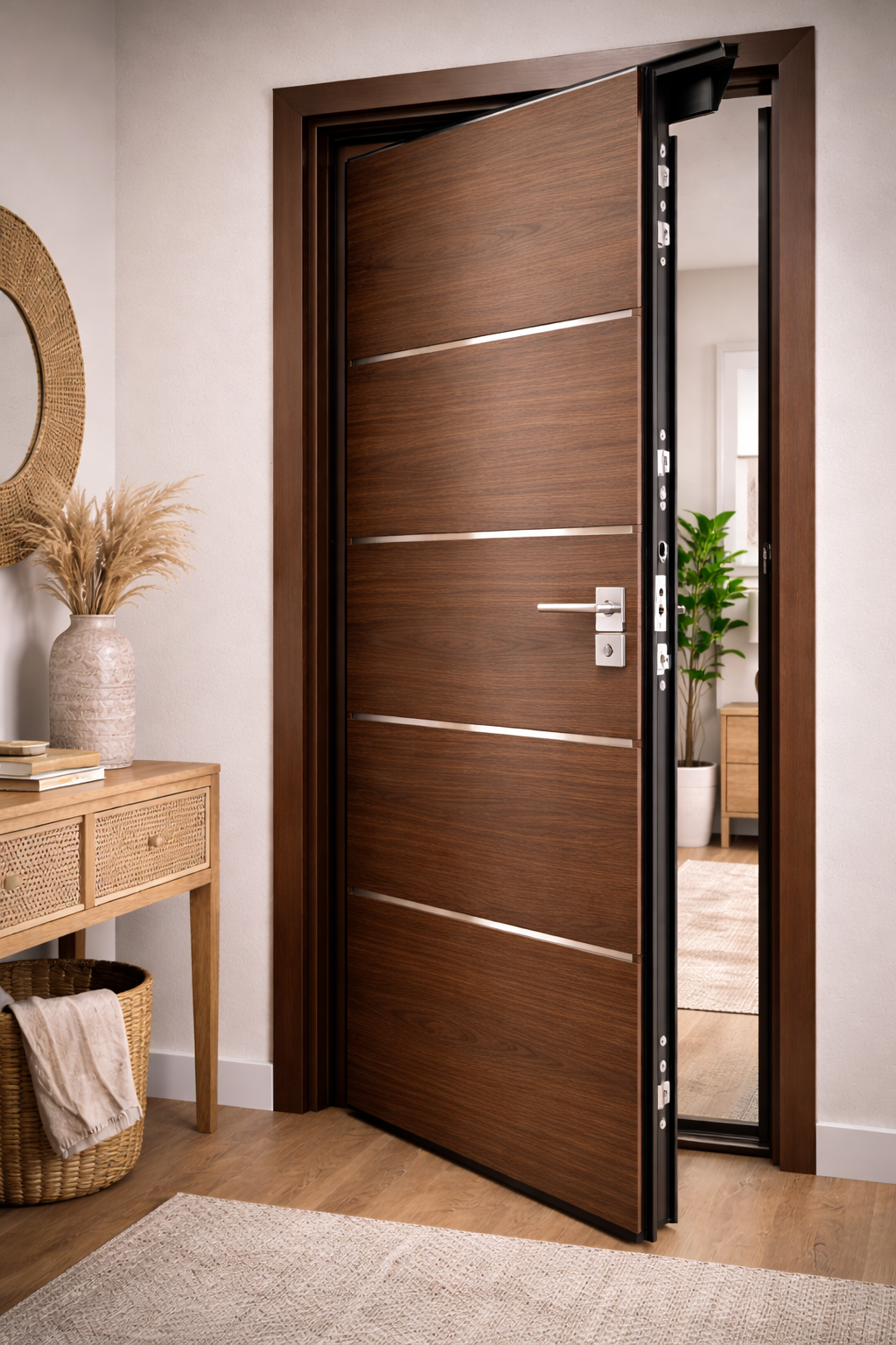 Porta in legno marrone socchiusa in un ingresso con pareti bianche; consolle decorativa con specchio e tappeto.