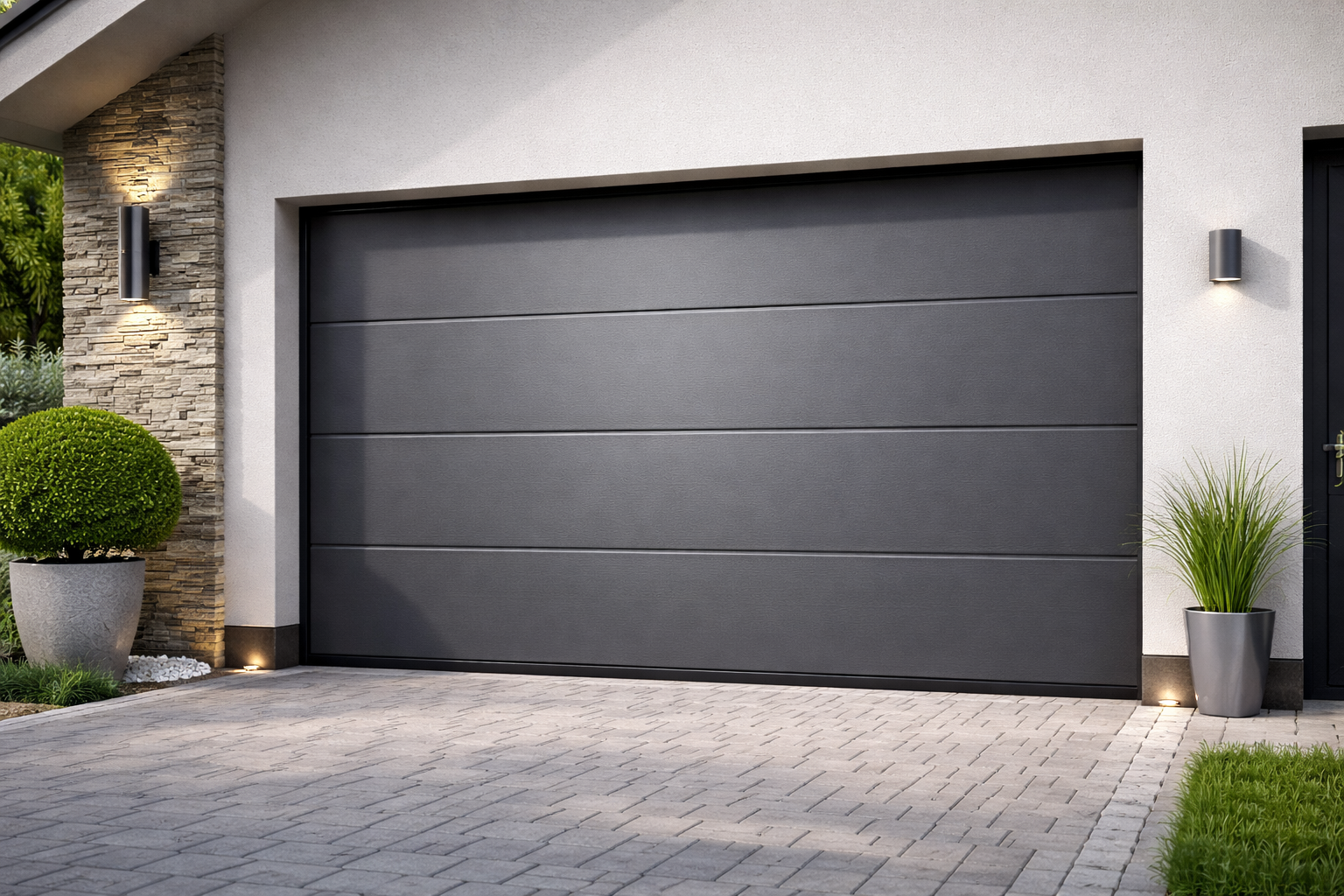 Portone grigio del garage di una casa bianca, fiancheggiato da pietre e piante. Vialetto d'accesso pavimentato.