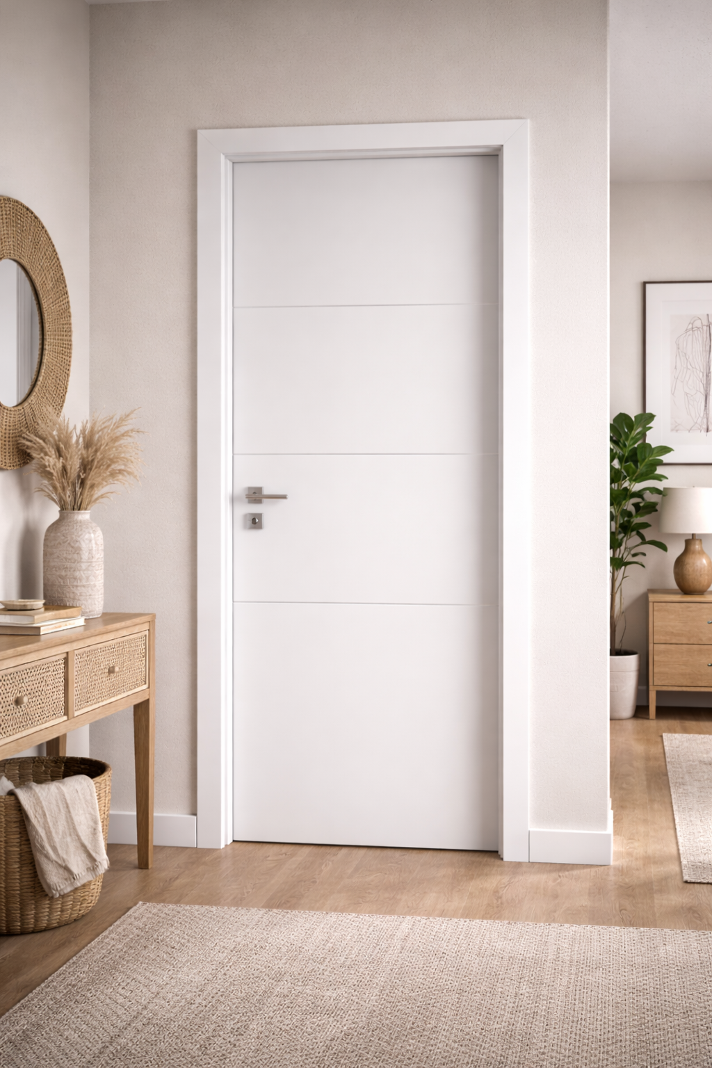 Porta interna bianca con tre linee orizzontali, inserita in un corridoio dai toni neutri.