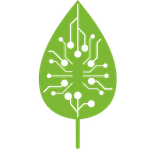 A green leaf with a circuit board design on it