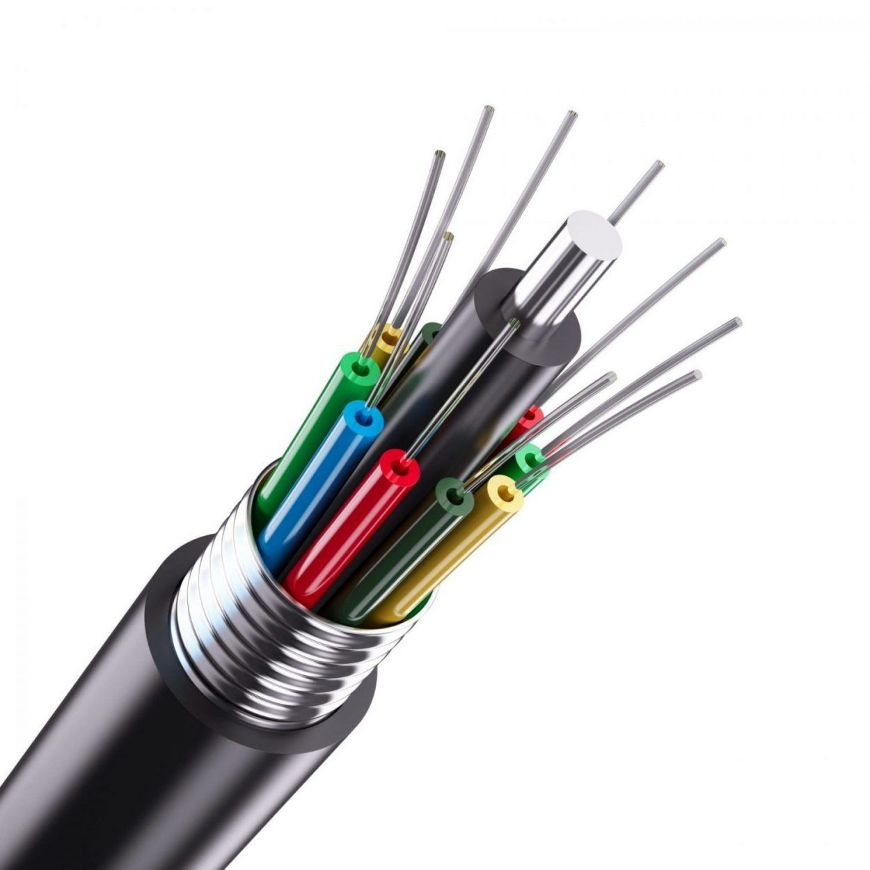 Cutaway view of a black fiber optic cable revealing multiple colored strands and a central core.
