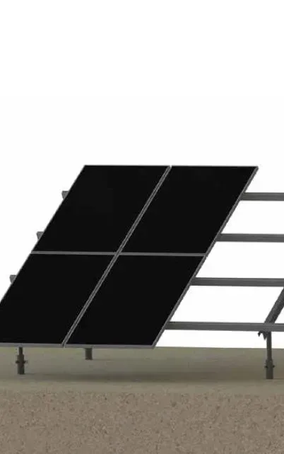 Solar panels mounted on a metal frame, set on brown ground against a white background.