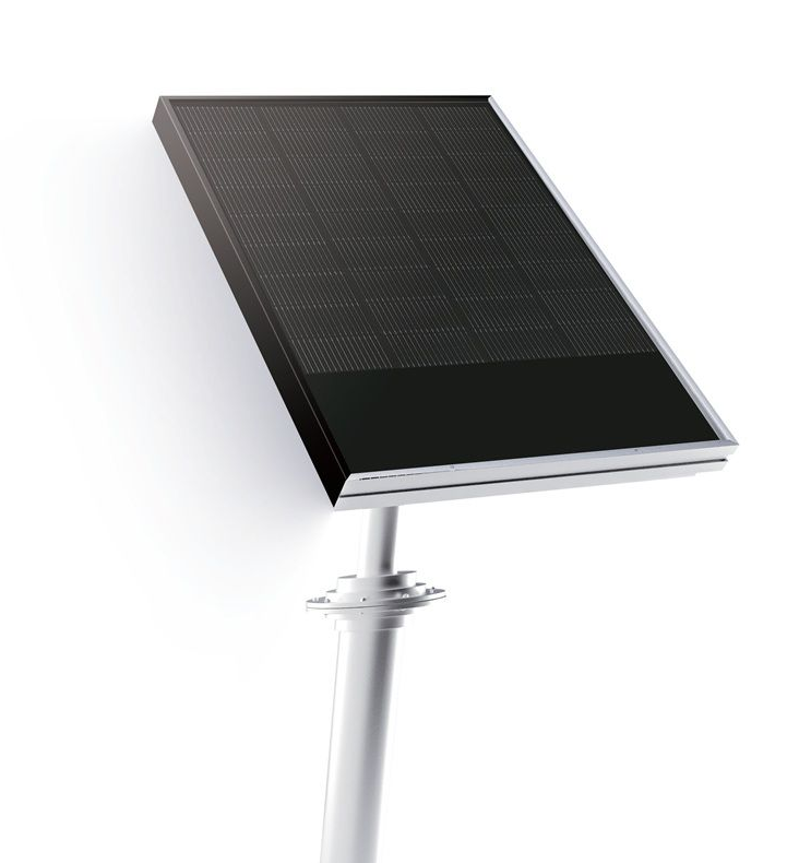 Solar panel mounted on a silver pole, angled slightly toward the viewer.