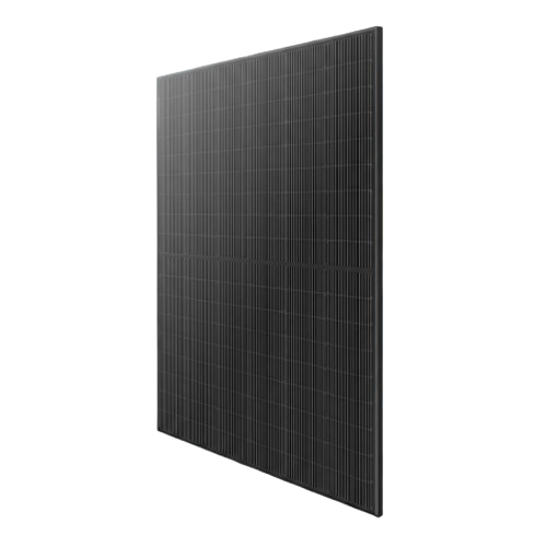 Black solar panel, angled, with visible grid lines.
