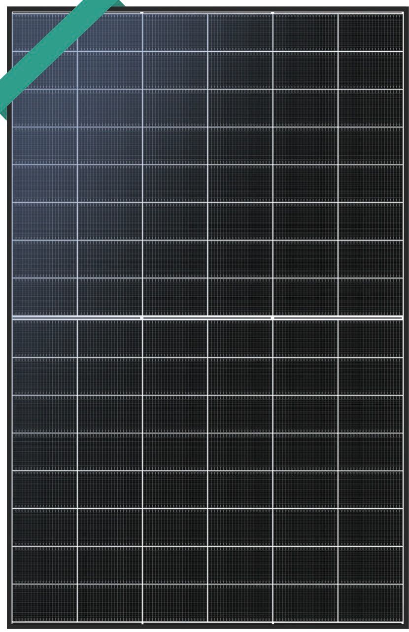Black solar panel, angled, with visible grid lines.