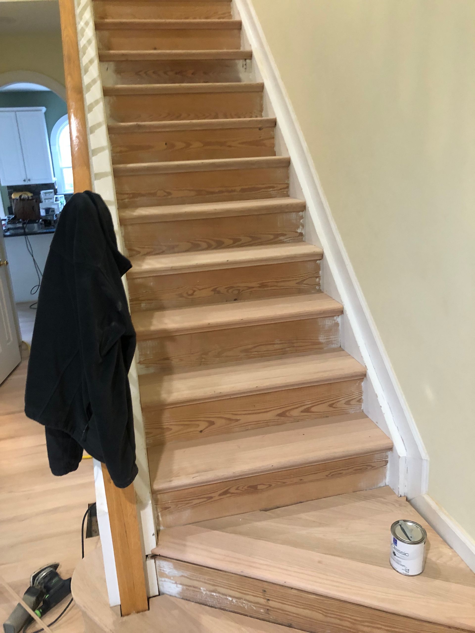 A wooden staircase installed.