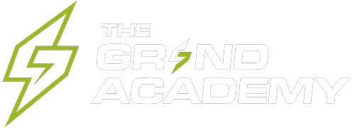 The Grind Academy logo featuring a green lightning bolt and white text.
