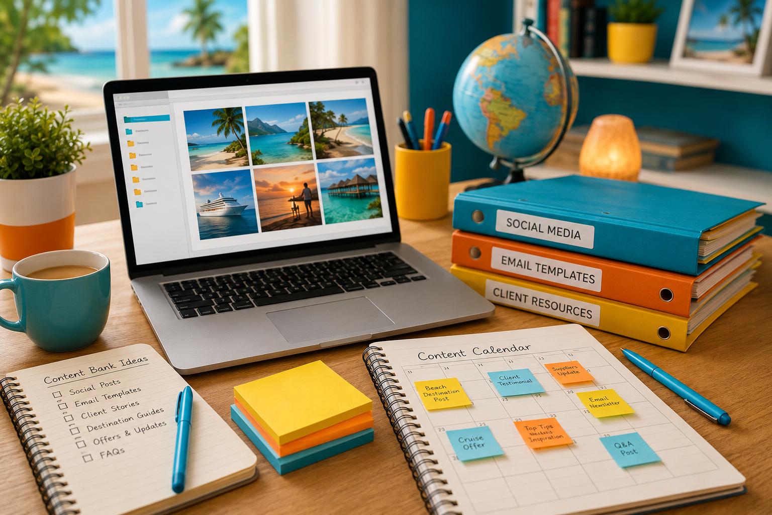 Travel homeworker organising a content bank for year-round travel marketing
