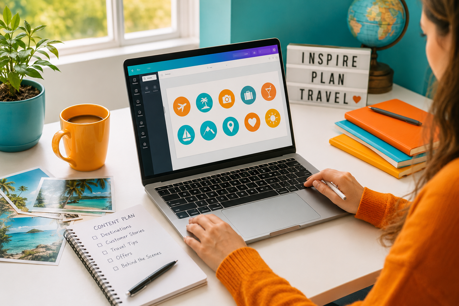 Travel homeworker creating branded Canva story icons for Instagram Highlights