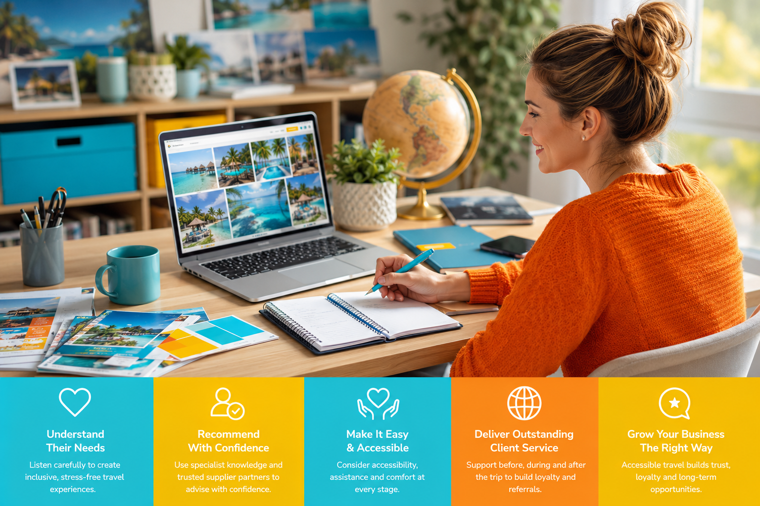 Travel consultant planning an accessible holiday with a client in a warm home office