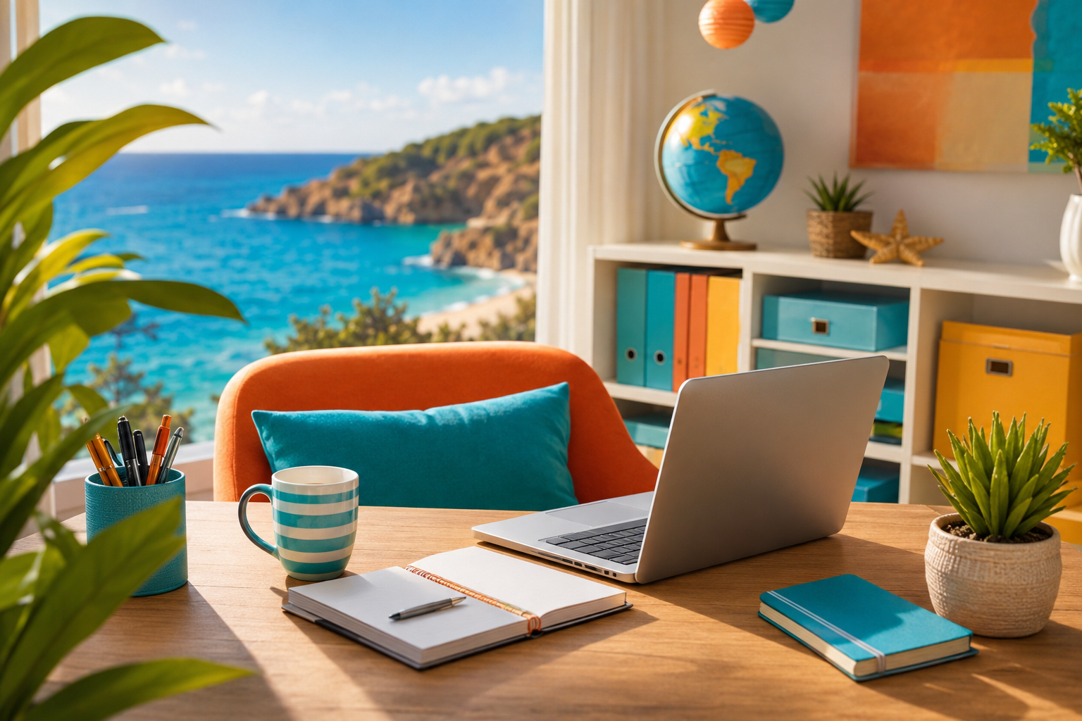 Travel homeworker reviewing July sales momentum and client follow-ups in a bright home office