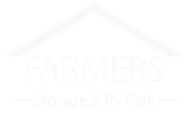 A white logo for farmers storage and rv park.