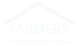 A white logo for farmers storage and rv park.