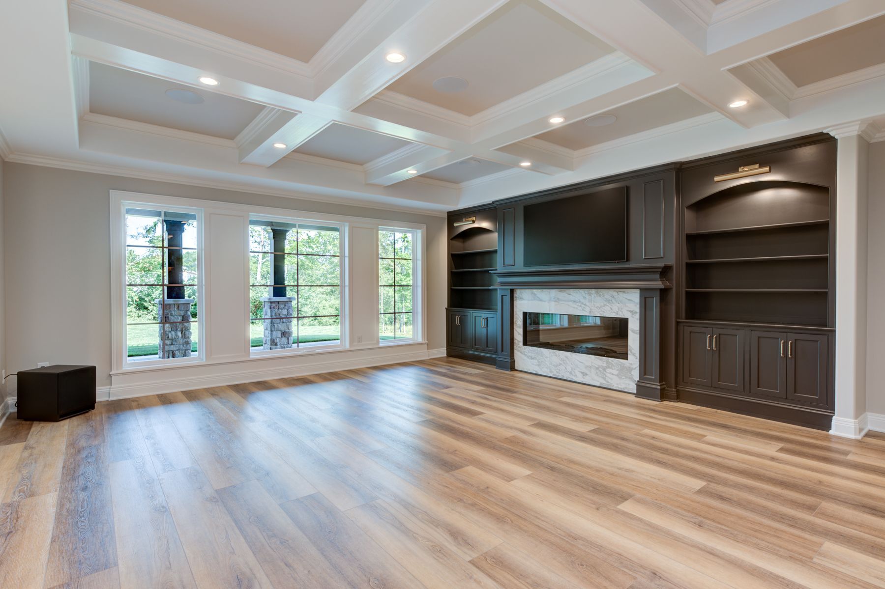 Empty living room with wood floors, fireplace, built-ins, and windows.