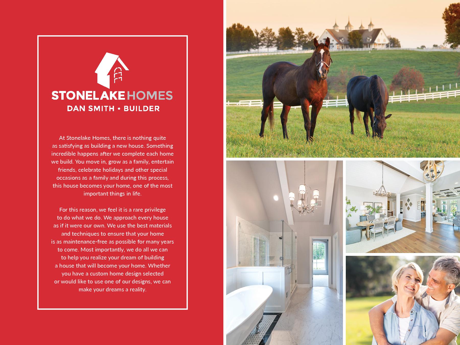 A brochure for stonelake homes shows two horses and a couple