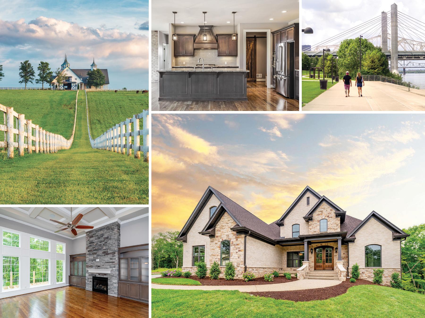 A collage of pictures of a house , a field , a kitchen , and a bridge.
